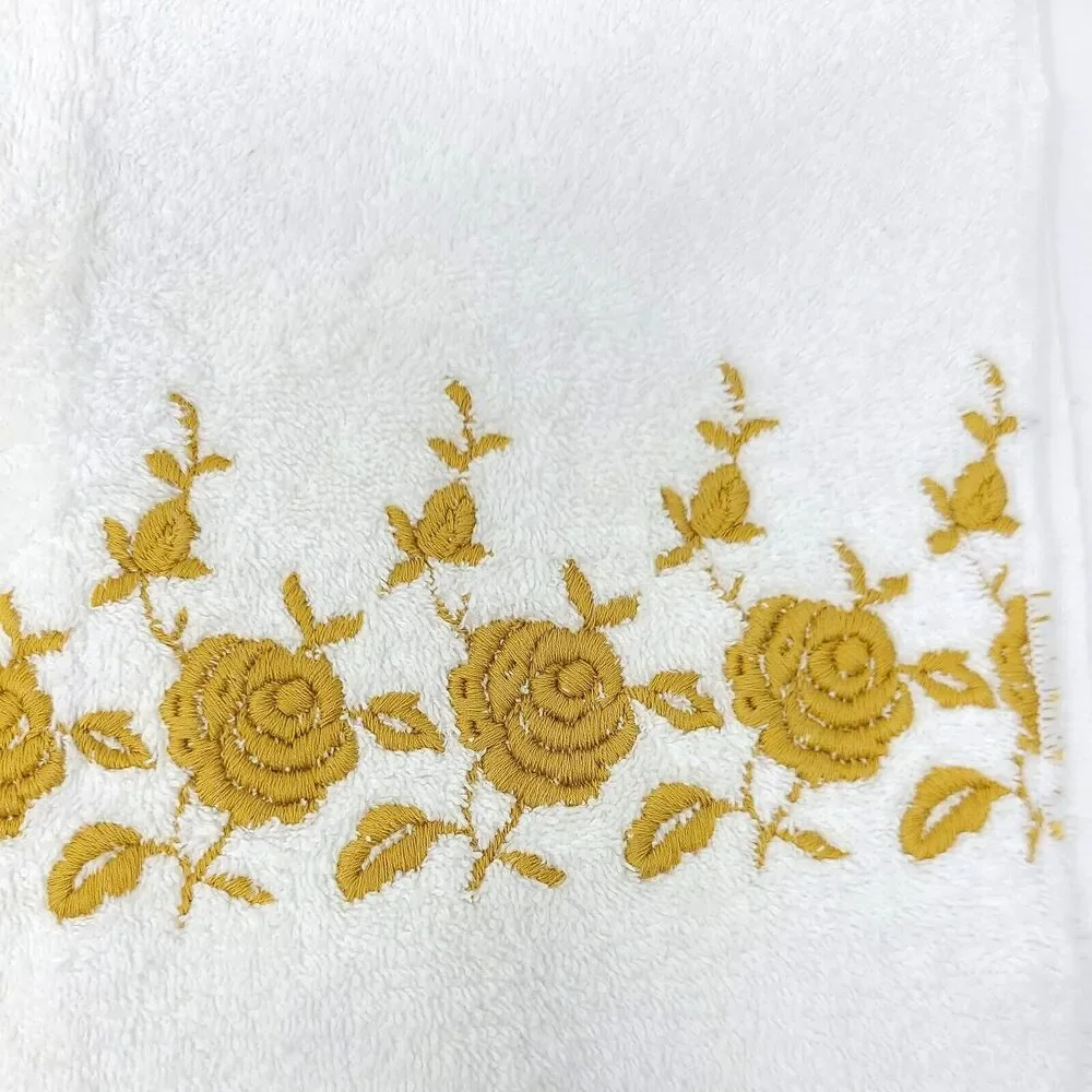 Vintage Dundee Towel Set White Gold Roses Embroidered Made In USA Hair Hand